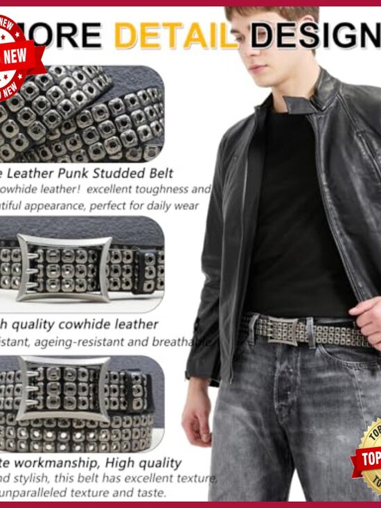 Three Studded Belt Genuine Leather Punk Y2K Gothic Belt main image 4